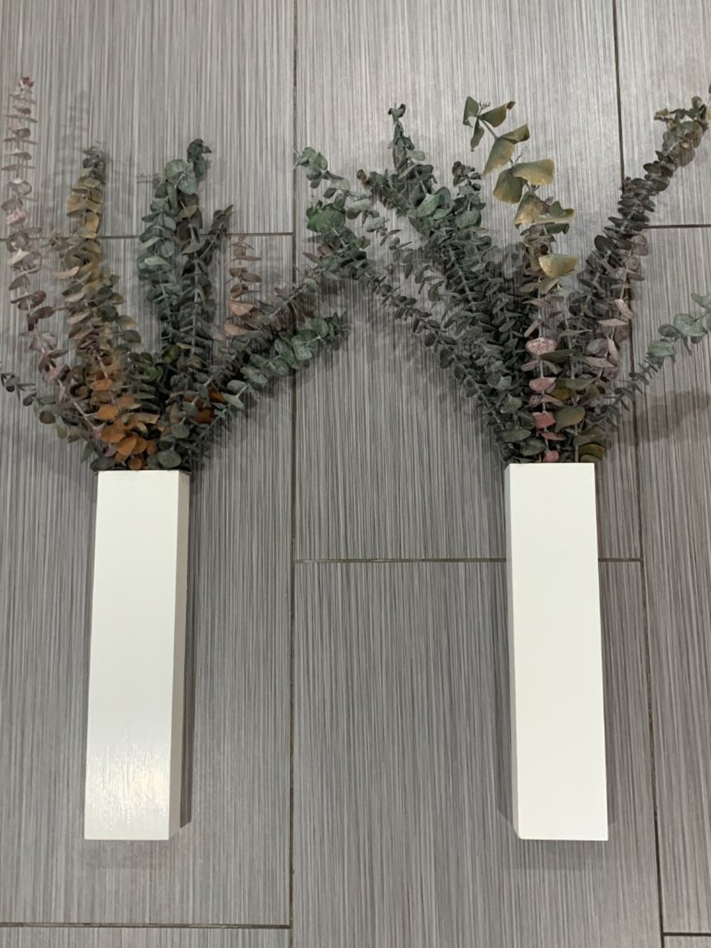 Set of 2 White Wooden Wall Pocket Vases with Real Dried Eucalyptus Greenery